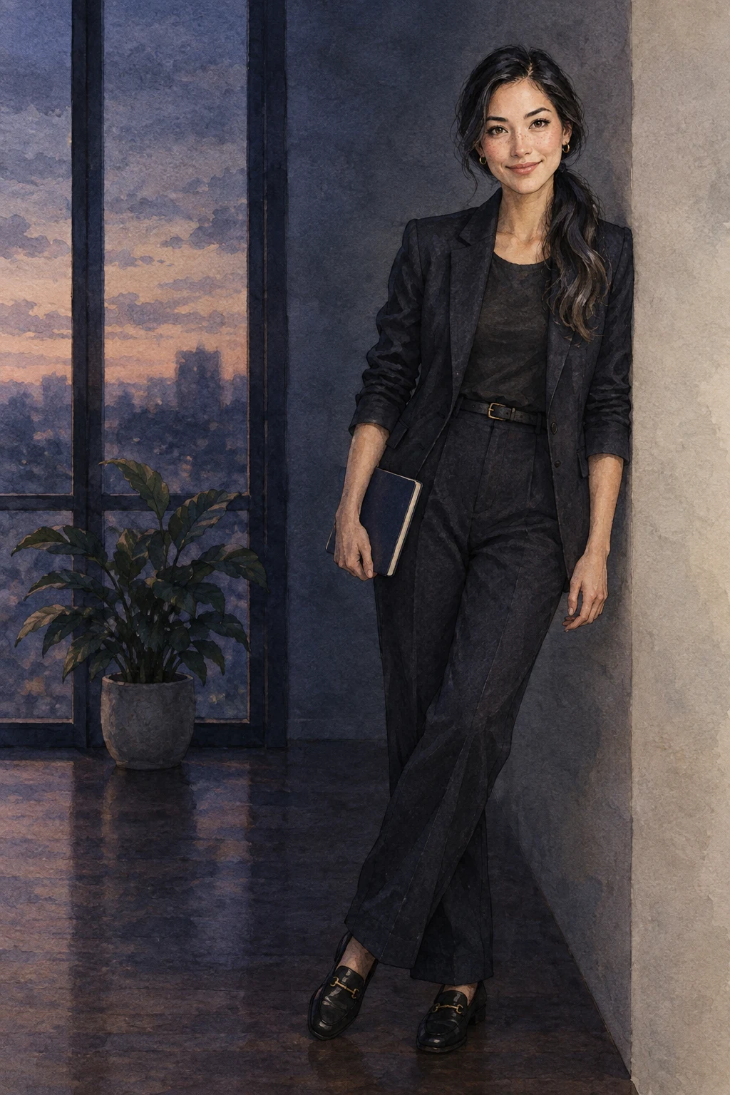 Zevis, smiling, leaning against the wall beside the form