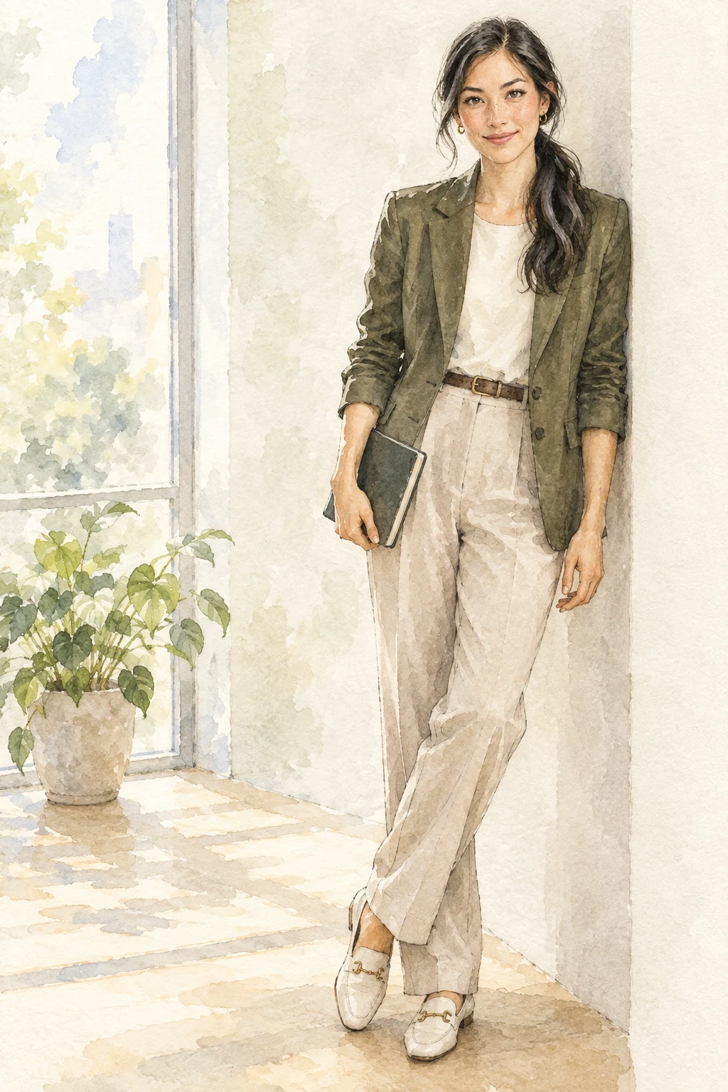 Zevis, smiling, leaning against the wall beside the form